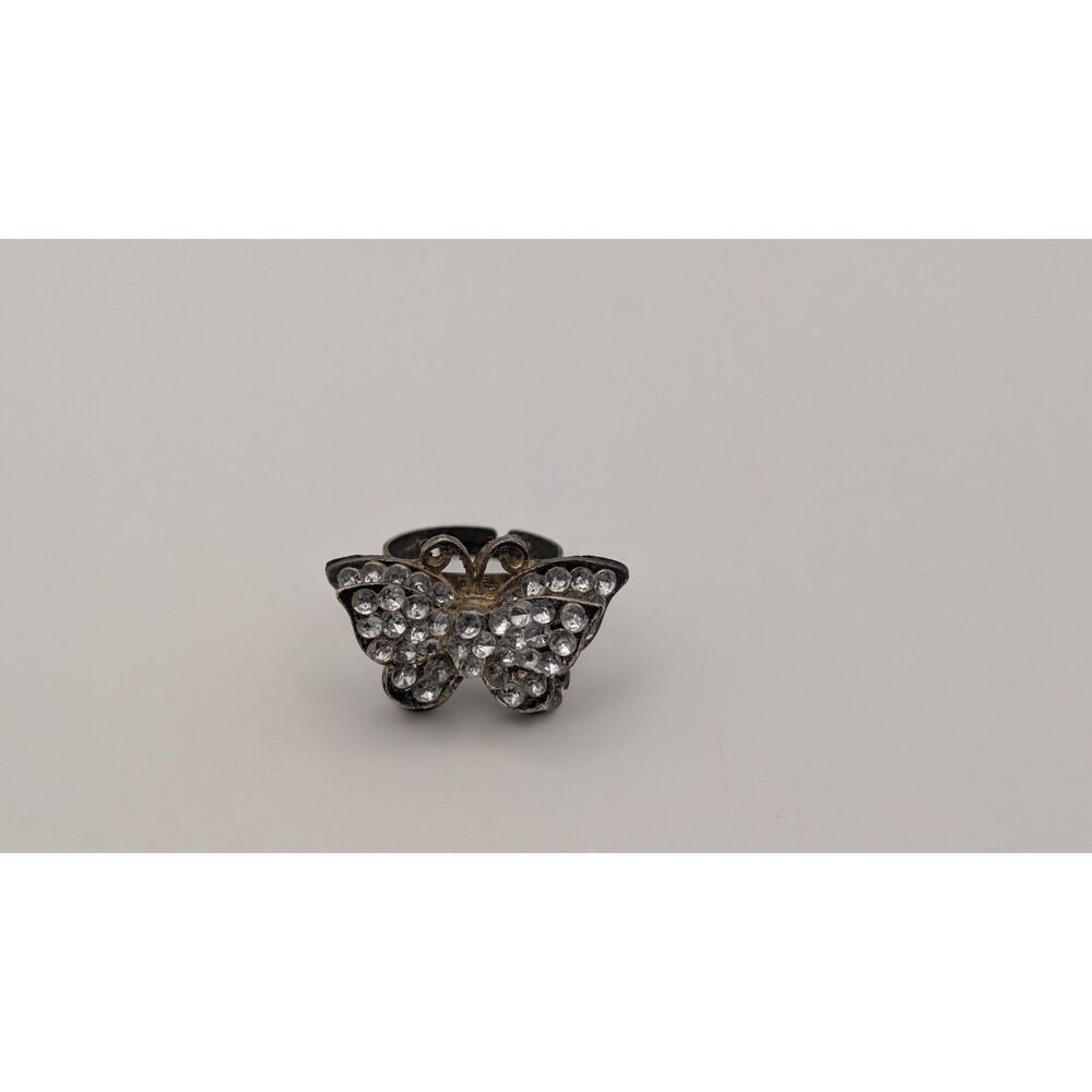 Vintage Rhinestone Butterfly Adjustable Ring Silver Tone Sparkly Costume Jewelry